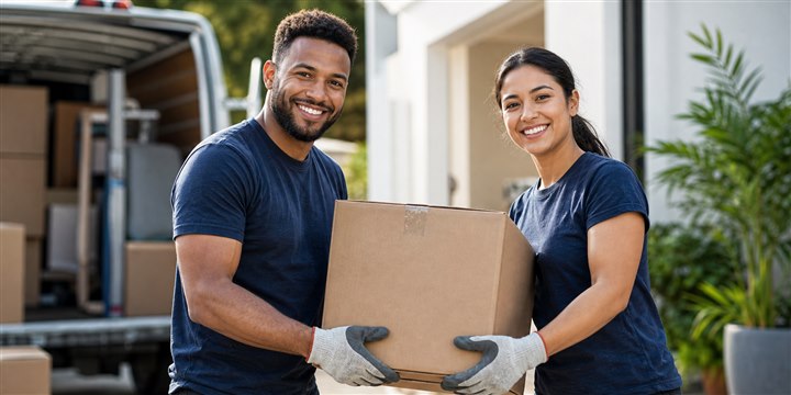 A man and woman working together as moving helpers